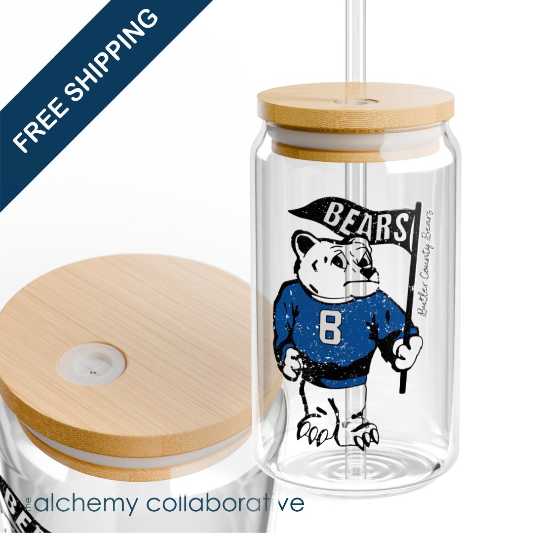 BCS Vintage Bear | Spirit Wear | School Pride 16oz Sipper Glass w/Bamboo Lid Bears | Morgantown Kentucky School Apparel